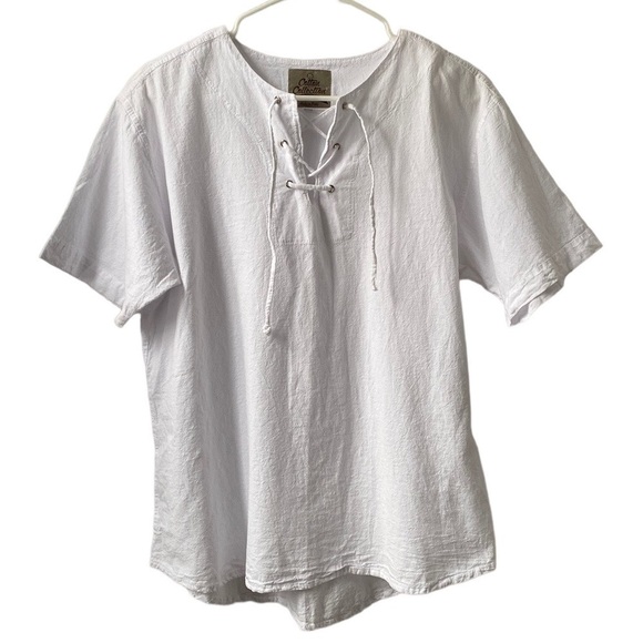 MEN’S RESORT STYLE PERUVIAN COTTON SHORT SLEEVE SHIRT LACE FRONT WHITE SZ MEDIUM - Picture 1 of 10